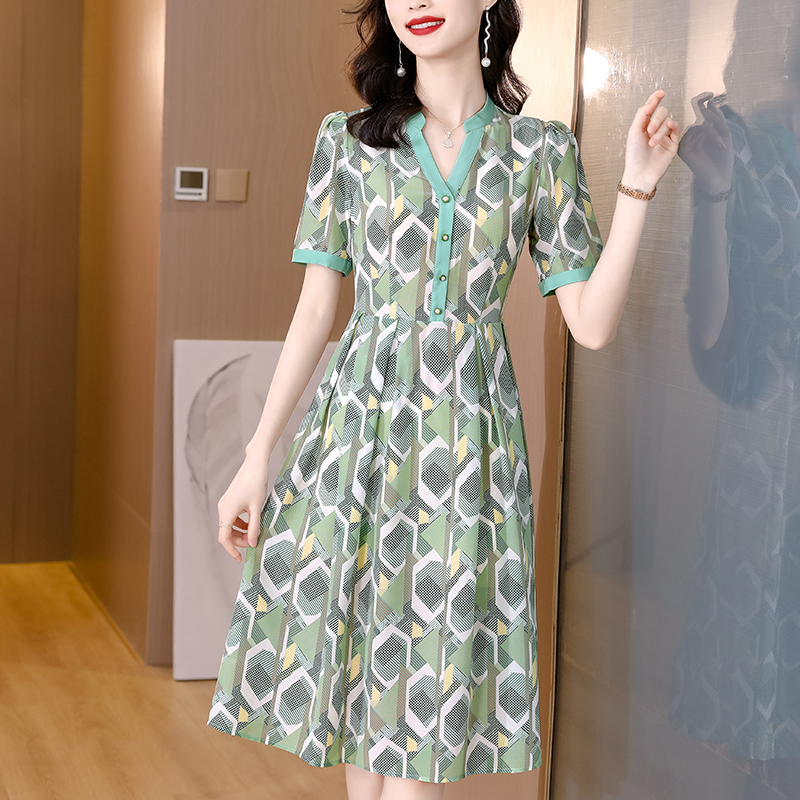 2022 Summer New Women’s dress High quality high-end silk short sleeve fashion temperament silk silk floral lady dress alx