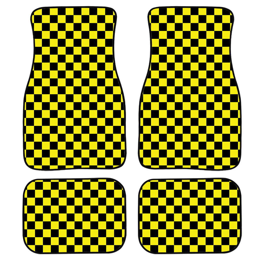 Yellow And Black Checkered Pattern Print Front And Back Car Floor Mats, Front Car Mat