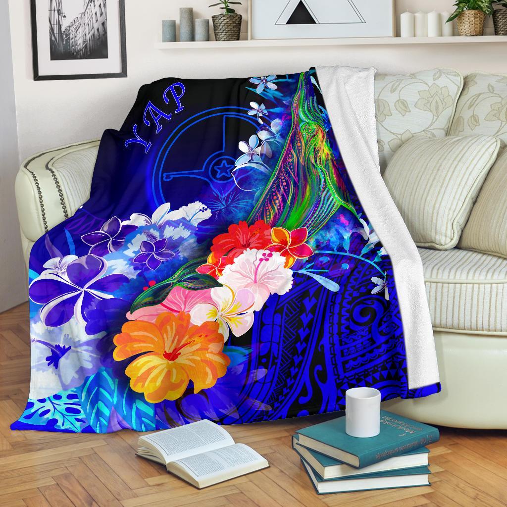 Yap Premium Blanket – Humpback Whale With Tropical Flowers (Blue)