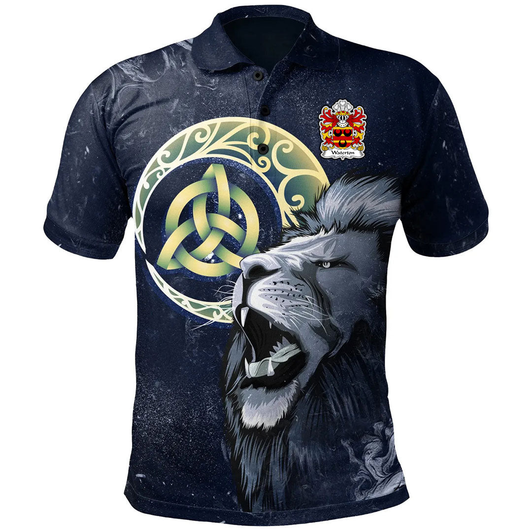 1Sttheworld Wales Polo Shirt – Waterton Of Herefordshire Welsh Family Crest Polo Shirt – Lion & Celtic Moon – Golf Shirt A7