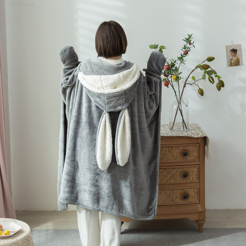 Winter Warm Wearable Hoodie Blanket Oversized Cozy Comfy Velvet Sweatshirt Bed Sofa Throw Blanket Cute Rabbit Ear Warm Presents alx