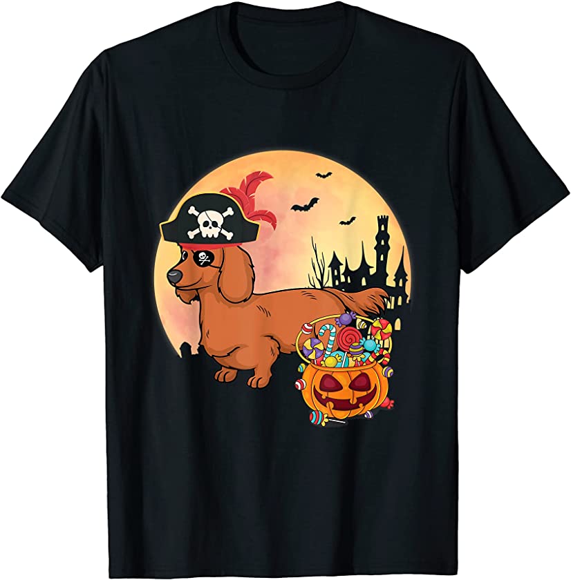 Dachshund Dog Pirate With Pumpkin Candy Happy Halloween Day T-Shirt