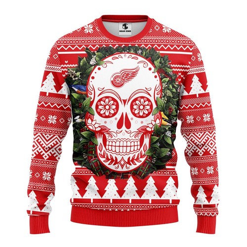 Detroit Red Wings Skull Flower Christmas Gift For Fan Ugly Wool Sweater Christmas