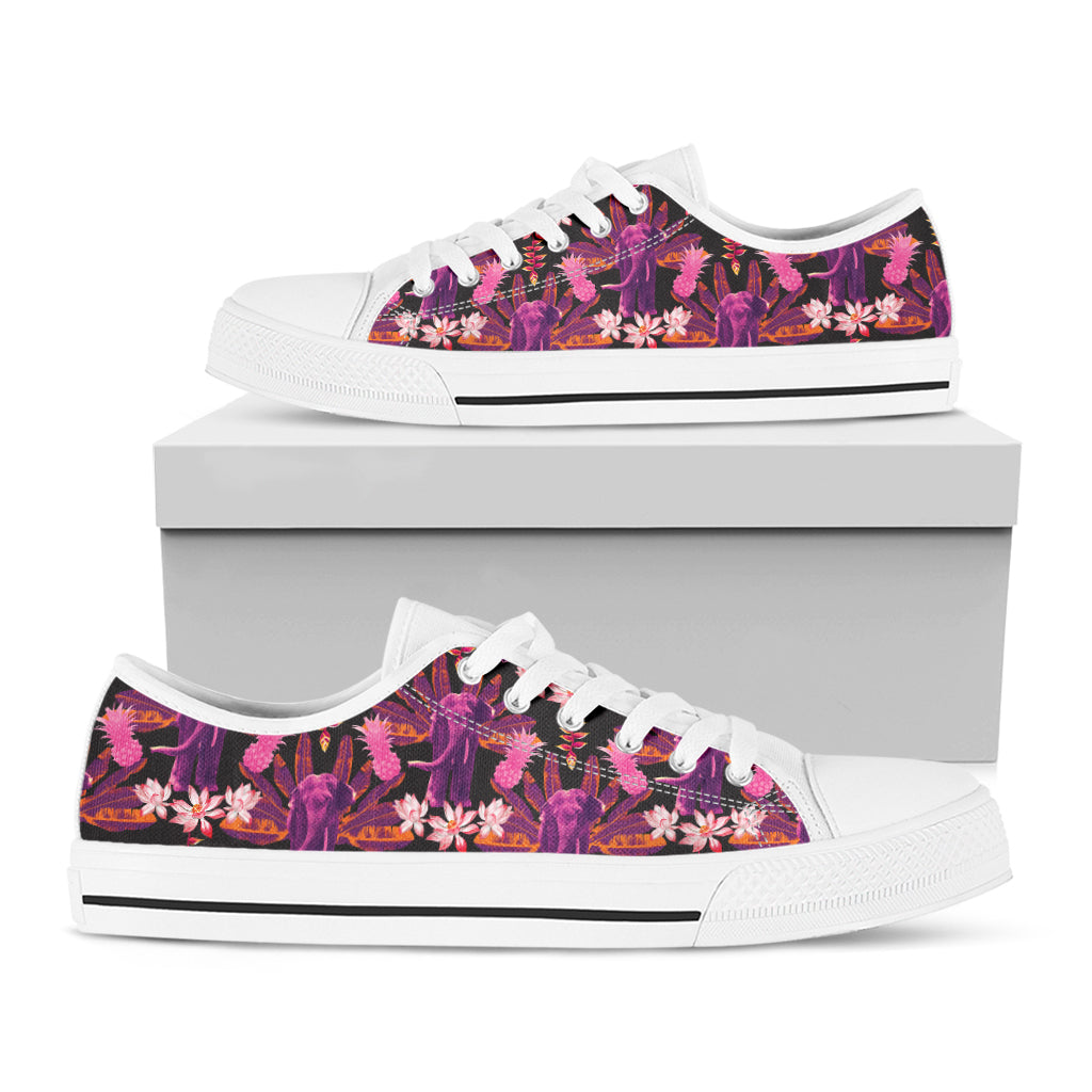 Purple Tropical Elephant Pattern Print White Low Top Shoes