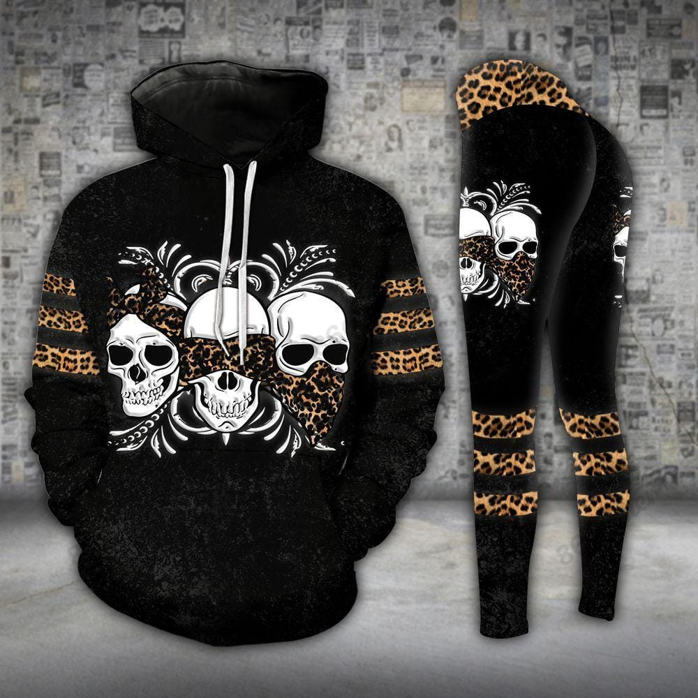 Skull Trio Hear See Speak No Evil Leopard 3D Hoodie Or Legging #L