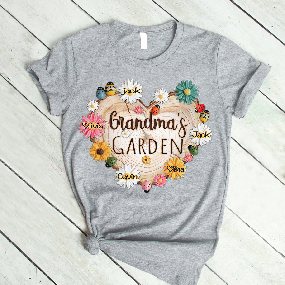 Personalized Grandma Garden With Grandkids Floral Ladybug And Bee T-Shirt