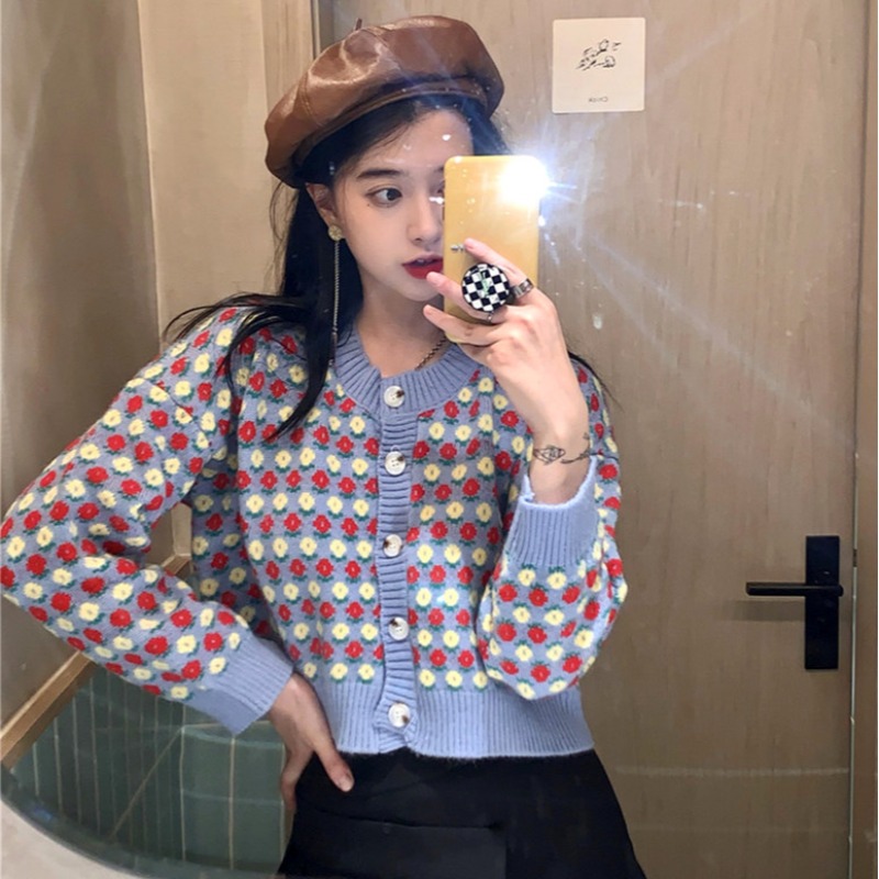 Women Cardigans Sweet Girls Floral Sweaters Single Breasted O-neck Tricot Kawaii Ulzzang Students All-match Femme Cropped Coats alx