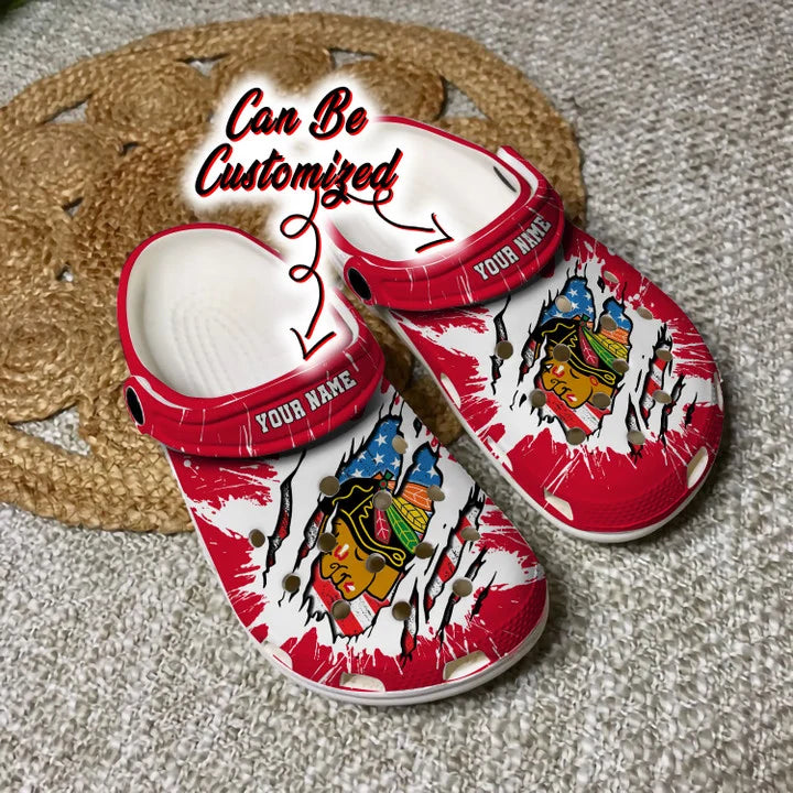 Blackhawks Crocss – Personalized C.Blackhawks Hockey Ripped American Flag Clog Shoes