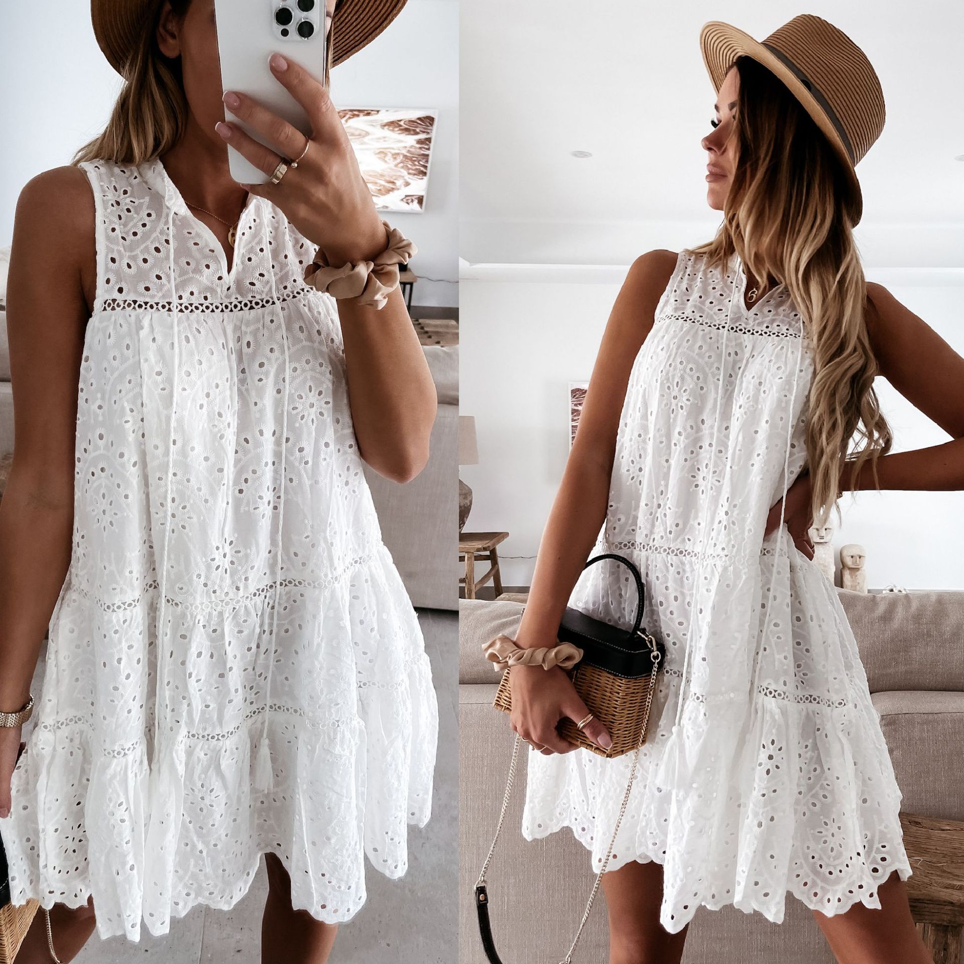 2022 Spring Summer Solid White Sleeveless A Line Lace Woman Dress Oversized Sexy Boho Beach Dresses Club Party Women Clothing alx