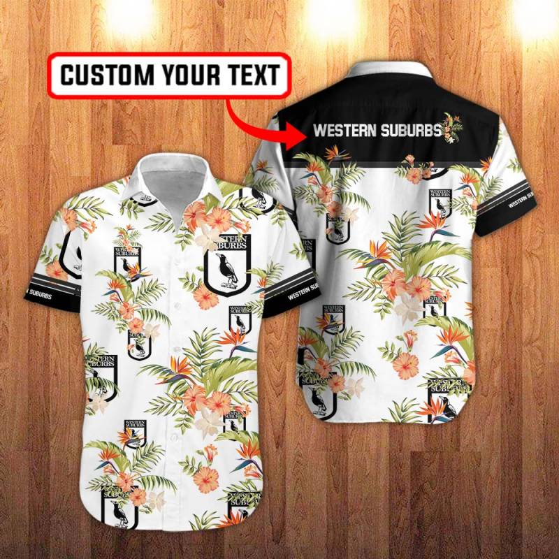 Western Suburbs Magpies Floral Hawaiian Shirt in White And Hawaiian Hibiscus Flower Personalization 3D Full Print Button Shirt