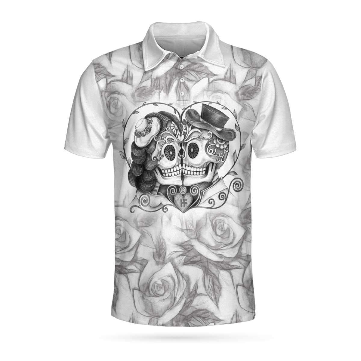 Sugar Skull Drawing Love Polo Shirt, Skull Couple Rose Pattern Pencil Sketching Polo Shirt For Men