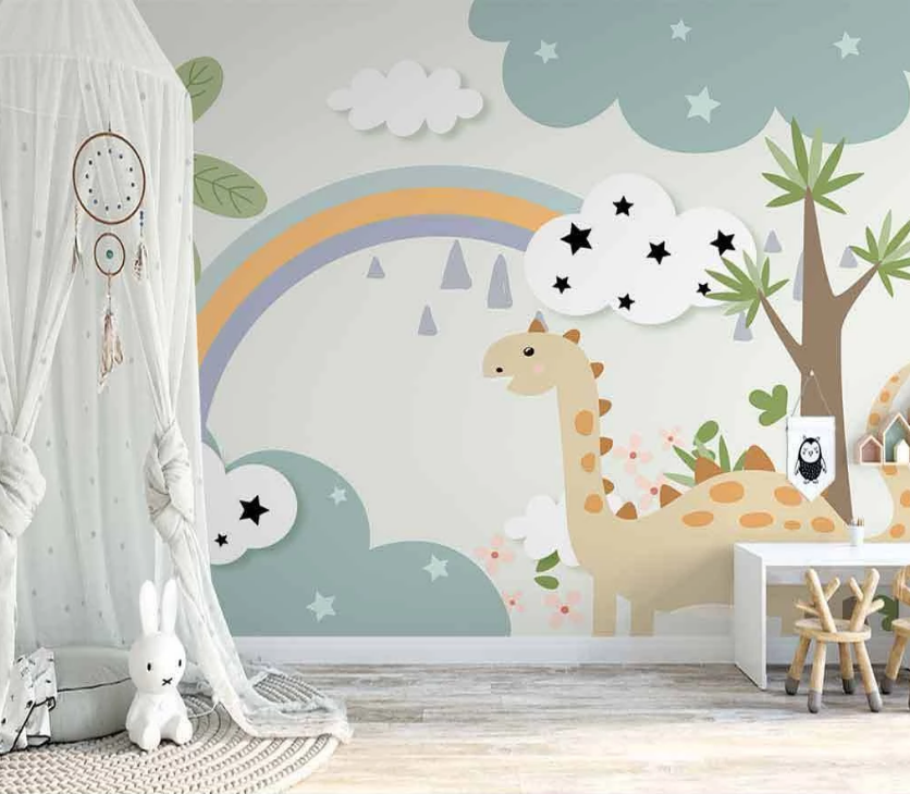 3D Cartoon Rainbow Cloud Dinosaur Animal Wall Mural Wallpaper Lxl