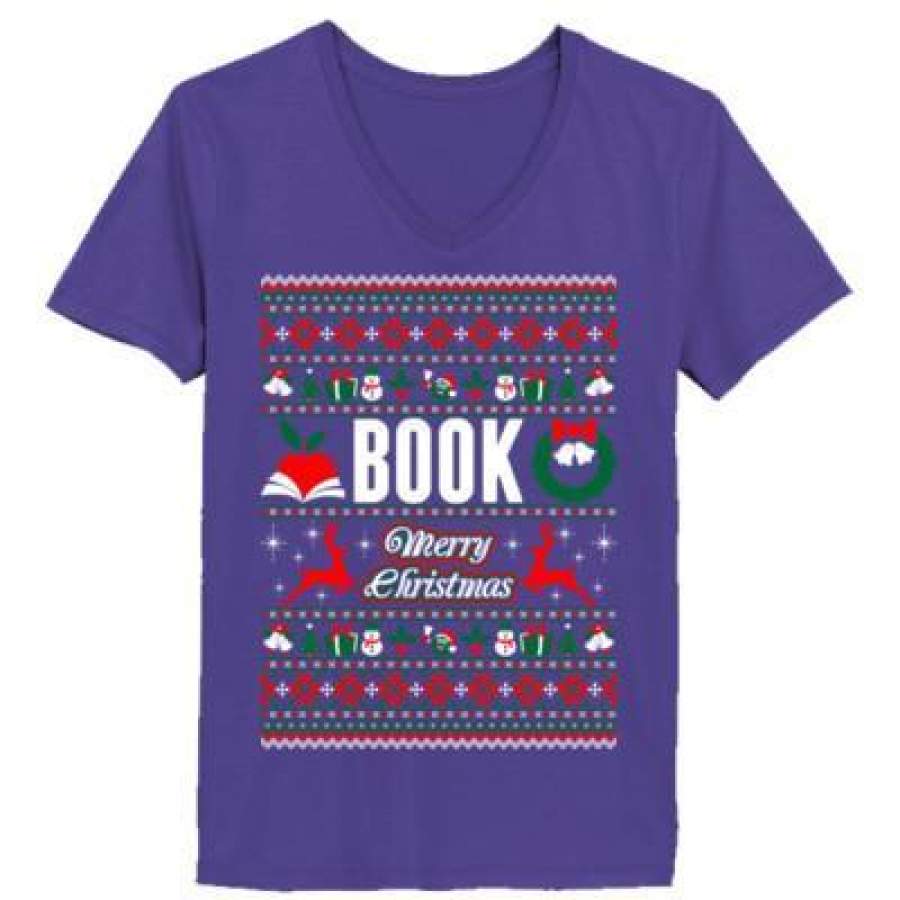 AGR Book Merry Christmas Ugly Sweater – Ladies’ V-Neck T-Shirt