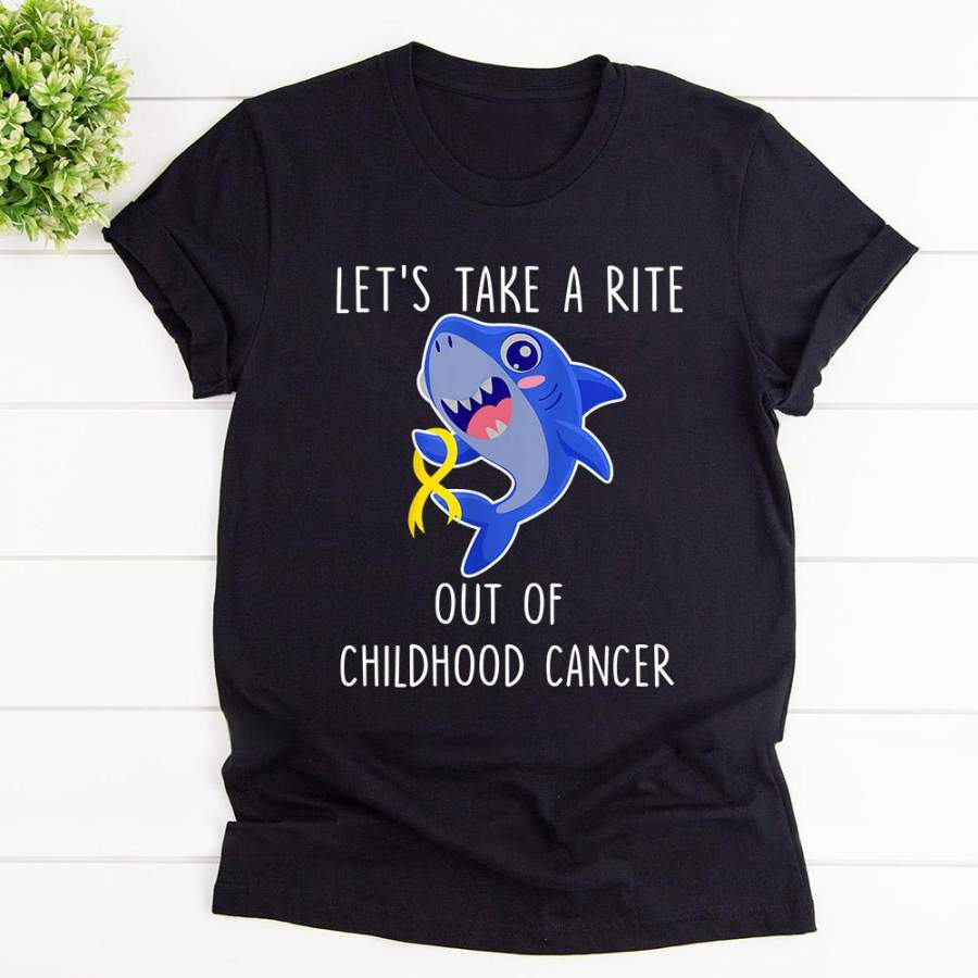 Shark let’s take a rite out of childhood cancer black cotton t shirt for men and women S-6XL