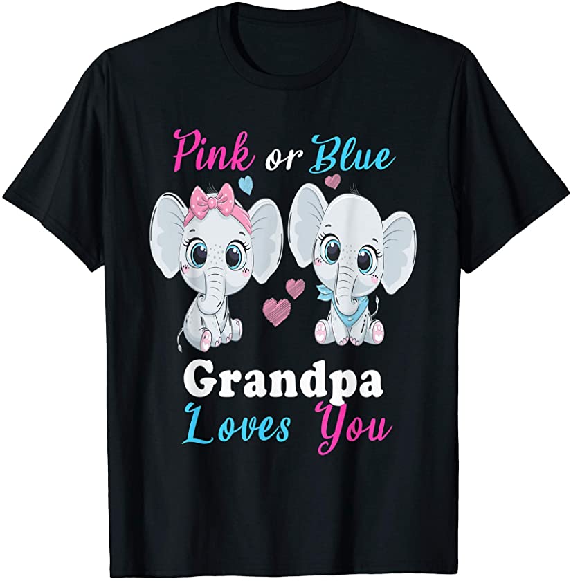 Mens Pink or Blue Grandpa Loves You Elephants Baby Gender reveal T-Shirt