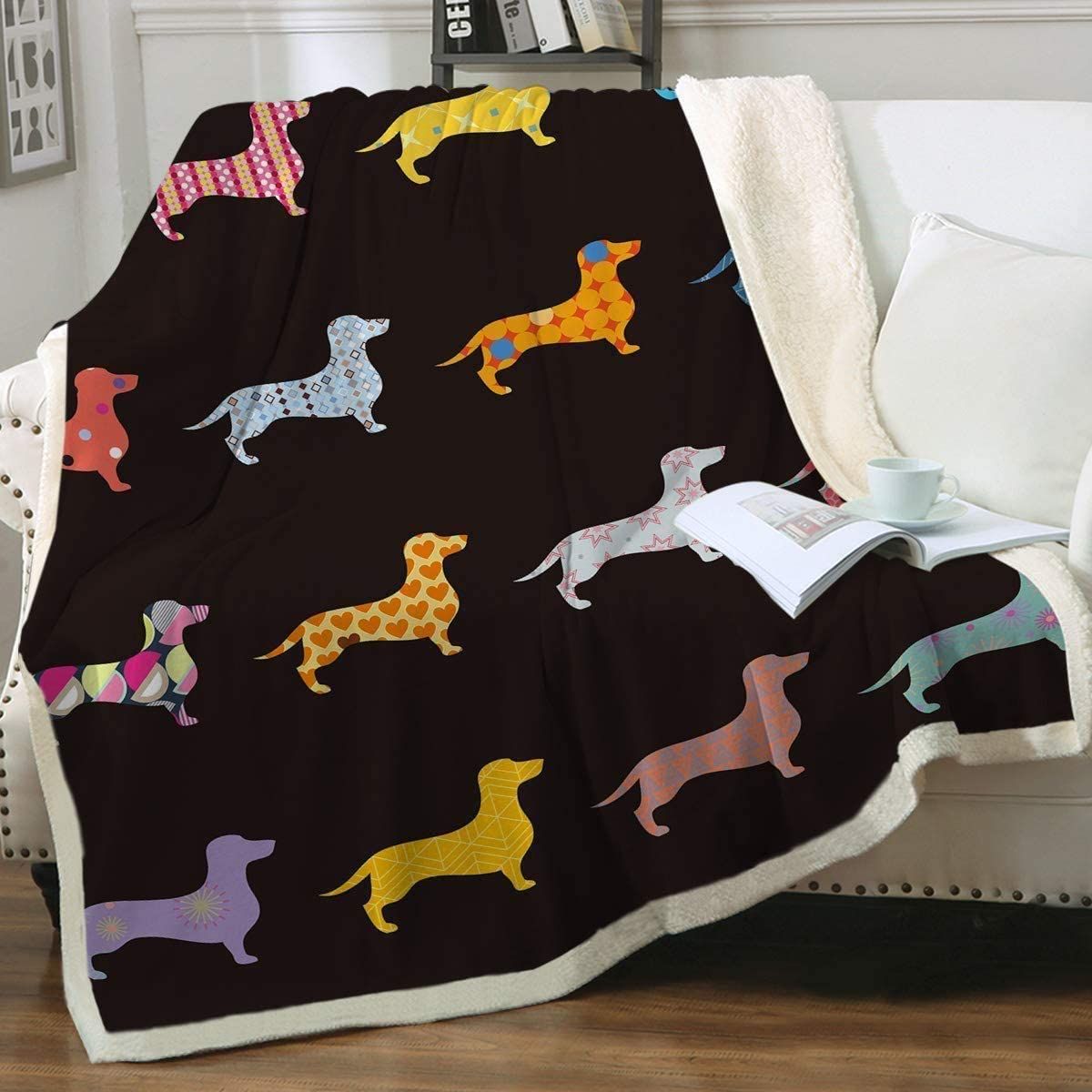 Dachshund Cartoon Puppy Dog Wiener Geometric Fleece Blanket