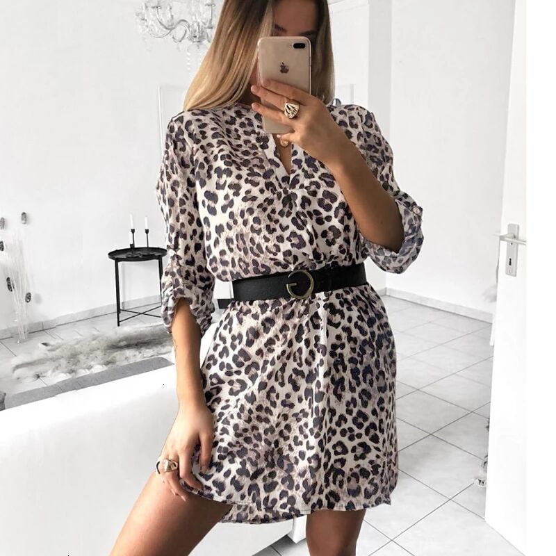 Office Flared Elegant Sexy V-Neck Leopard Dress