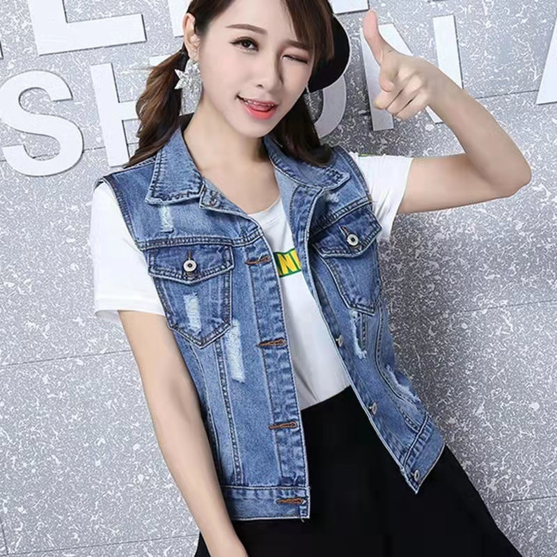 Women’s Denim Vest Blue Sleeveless Female Jacket Korean Slim Jeans Coat Single-breasted Short Waistcoat Summer alx