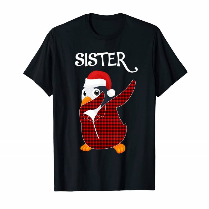 Sister Penguin Dabbing Buffalo Tartan Plaid Christmas Family T-shirt