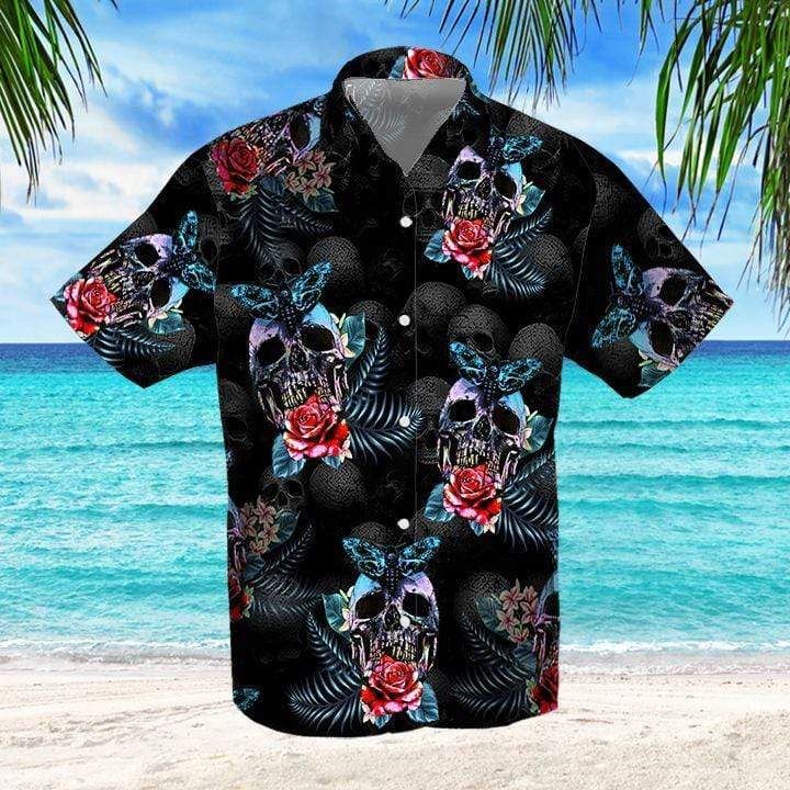 Felacia Skull Rose And Butterfly Black Aloha Hawaiian Ha42069