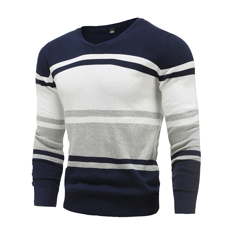 Winter Sweaters Men Pullover Striped Cotton V-Neck Slim Sweater Autumn Jumpers Knitwear Male Simple Style Jersey Man Plus Size alx