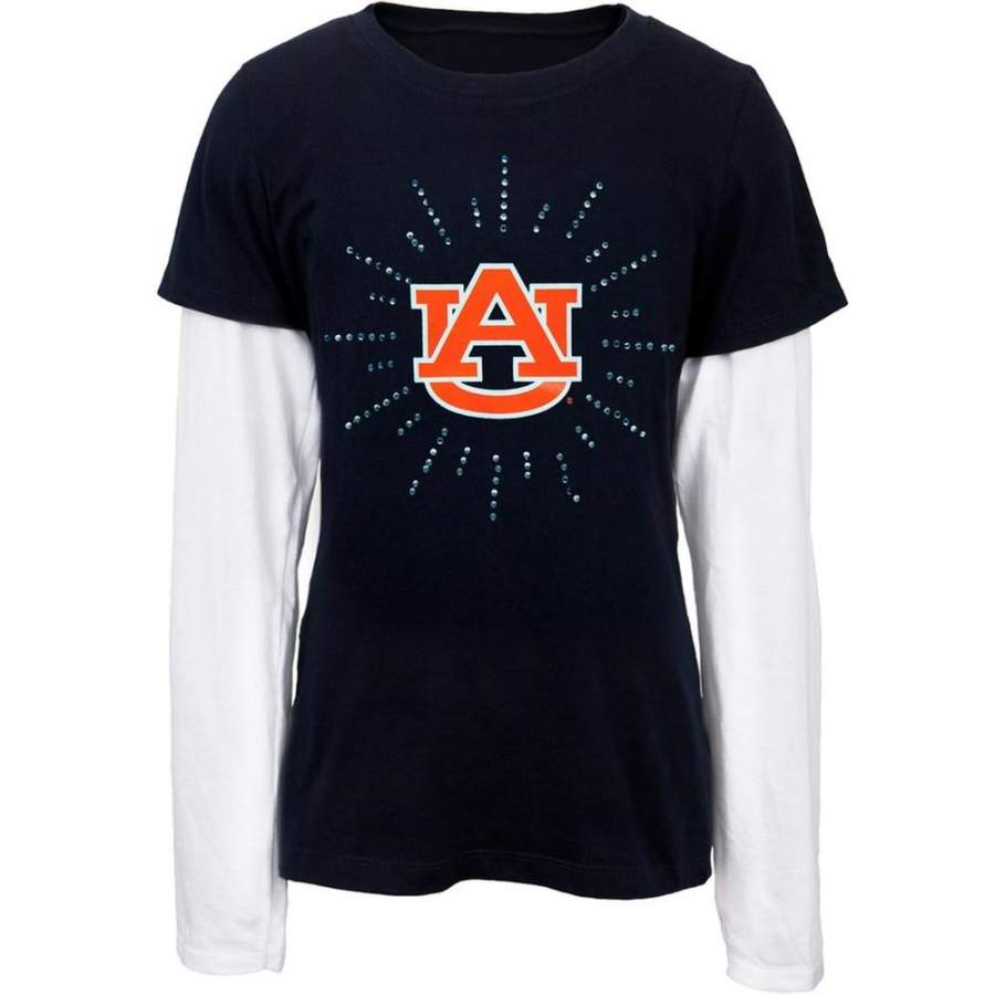 Auburn Tigers – Rhinestone Ray Logo Girls Juvy 2fer Long Sleeve T-Shirt