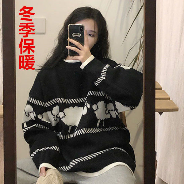 Women Pullovers Sweaters Sheep Print Lovely Sweet Females Student Leisure Chic Loose All-match O-Neck Warm Outwear Street Wear alx