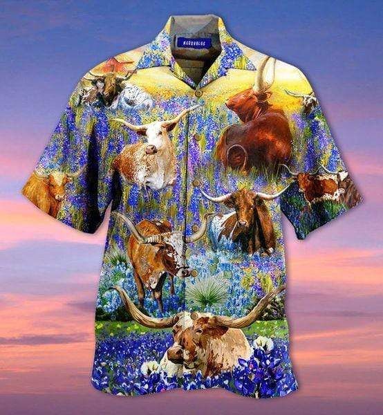 Check Out This Awesome Amazing Texas Longhorn In Bluebonnets Unisex Hawaii Aloha Shirts Ha95439