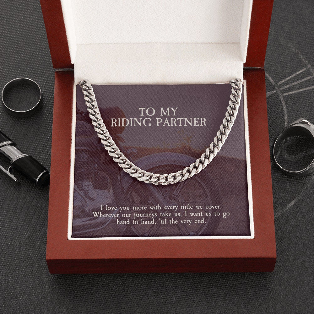 To My Riding Partner – Cuban Link Chain Necklace For Biker Husband/Boyfriend From Wife/Girlfriend, Sterling Silver Necklace For Him