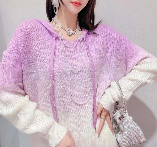 Sparkling Trendy Gradient Hot Drilling Hooded Knitted Sweater 2022 New Autumn Winter Loose Pullover Top Mid-long Knit Sweatshirt alx