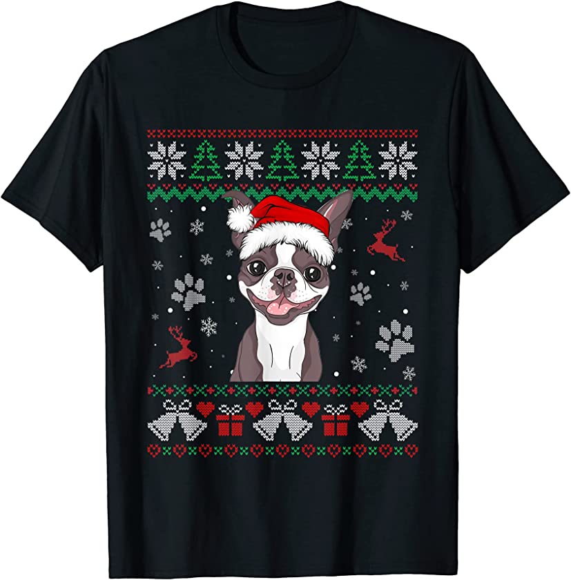 Boston Terrier Ugly Christmas Dog Santa Hat Xmas Dog Lover T-Shirt