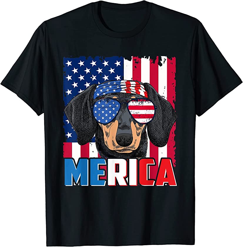 Dachhunds Merica Flag 4th of July Dog American Puppy T-Shirt