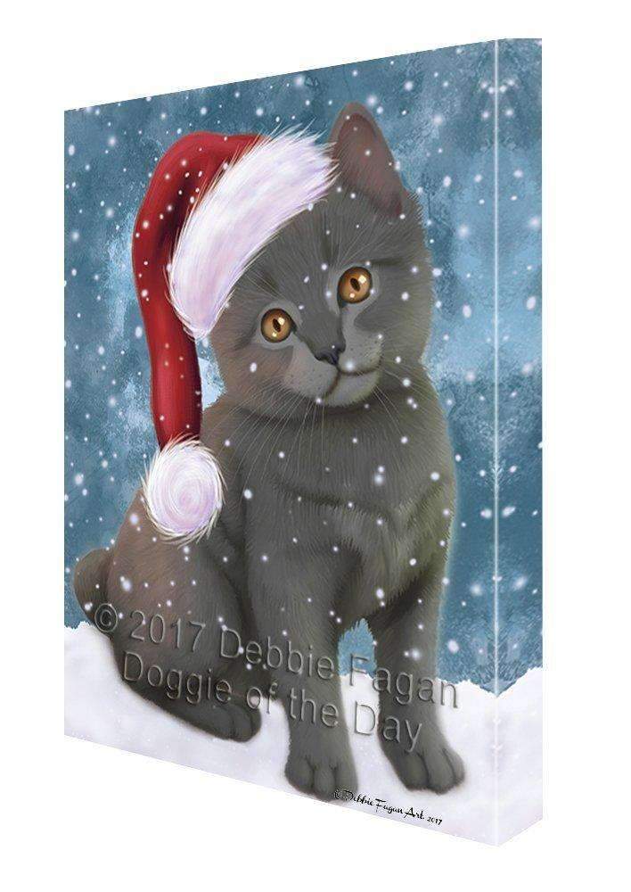 Let It Snow Christmas Holiday Chartreux Kitten Cat Wearing Santa Hat Canvas Wall Art