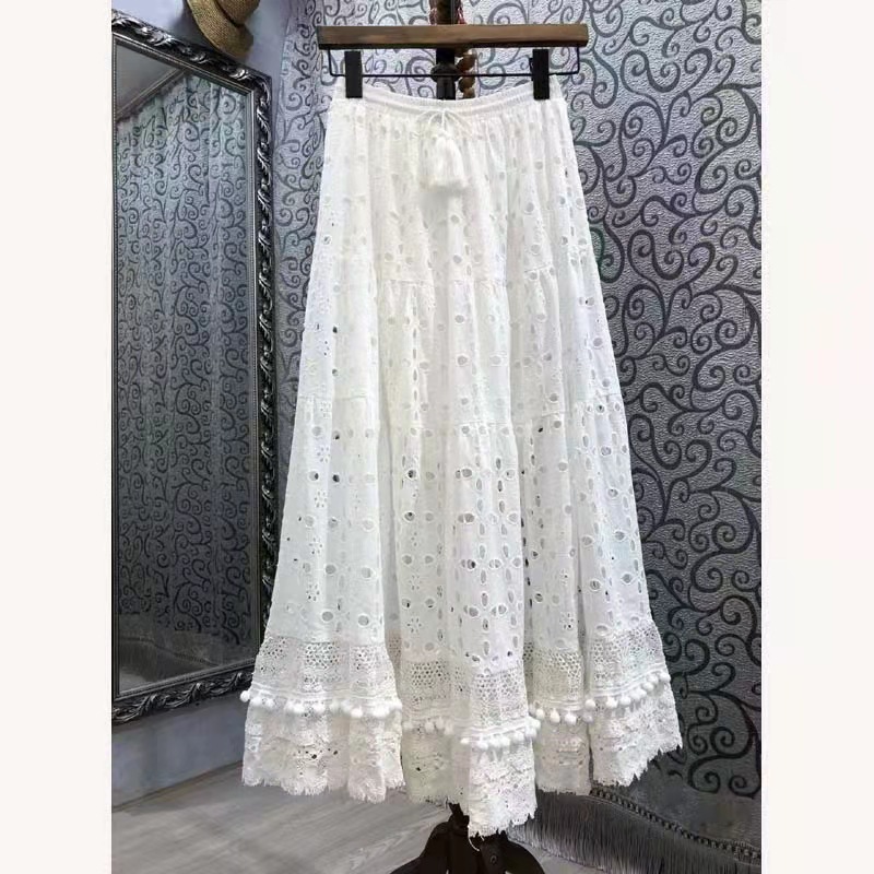 Summer Hollow Out Boho White Skirt Women Elastic High Waist Linen Cotton Long Skirts Vintage Elegant A-Line Beach Skirt Female alx