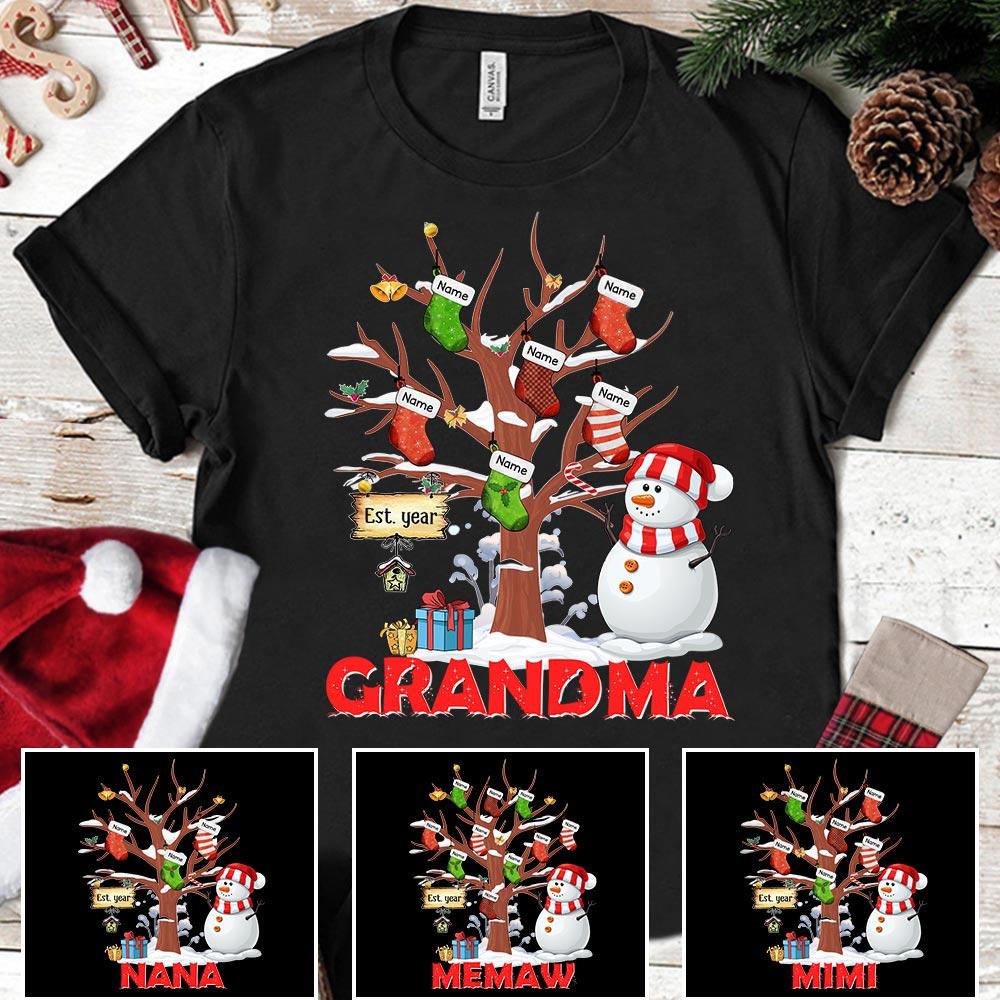 Grandma Est Year Snowman Christmas Shirt, Grandma Nana Christmas Shirt, Custom Grandma With Grandkids Name Shirt