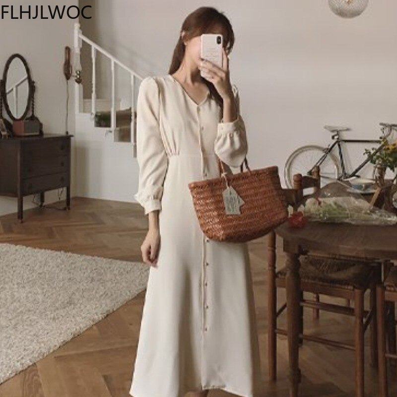 2021 Spring Autumn Temperament Vestidos Korean Chic Women Long Sleeve Solid Color Single Breasted Button Long Shirt Dress alx