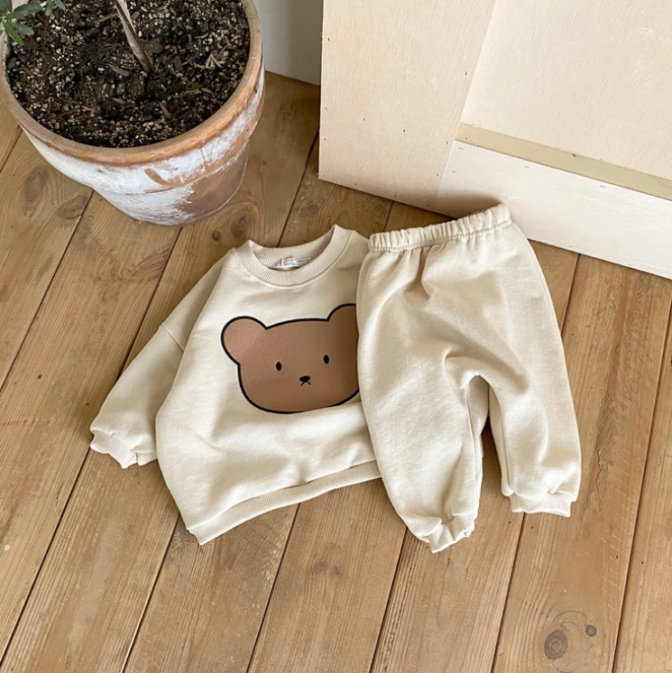 Autumn Men’s and Women’s Baby Suits Cute Bear Round Neck Sweater Trousers Two-piece Cotton Foreign Style Children’s Home Clothes alx