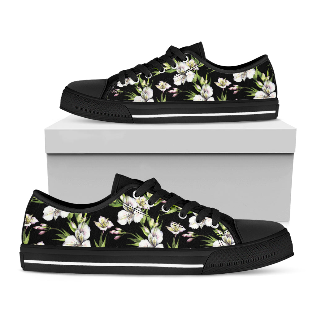 Watercolor Alstroemeria Pattern Print Black Low Top Shoes