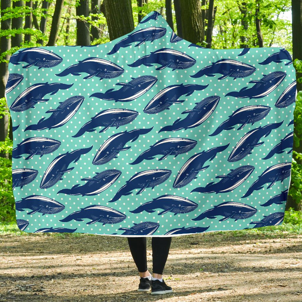 Whale Polka Dot Design Themed Print Hooded Blanket