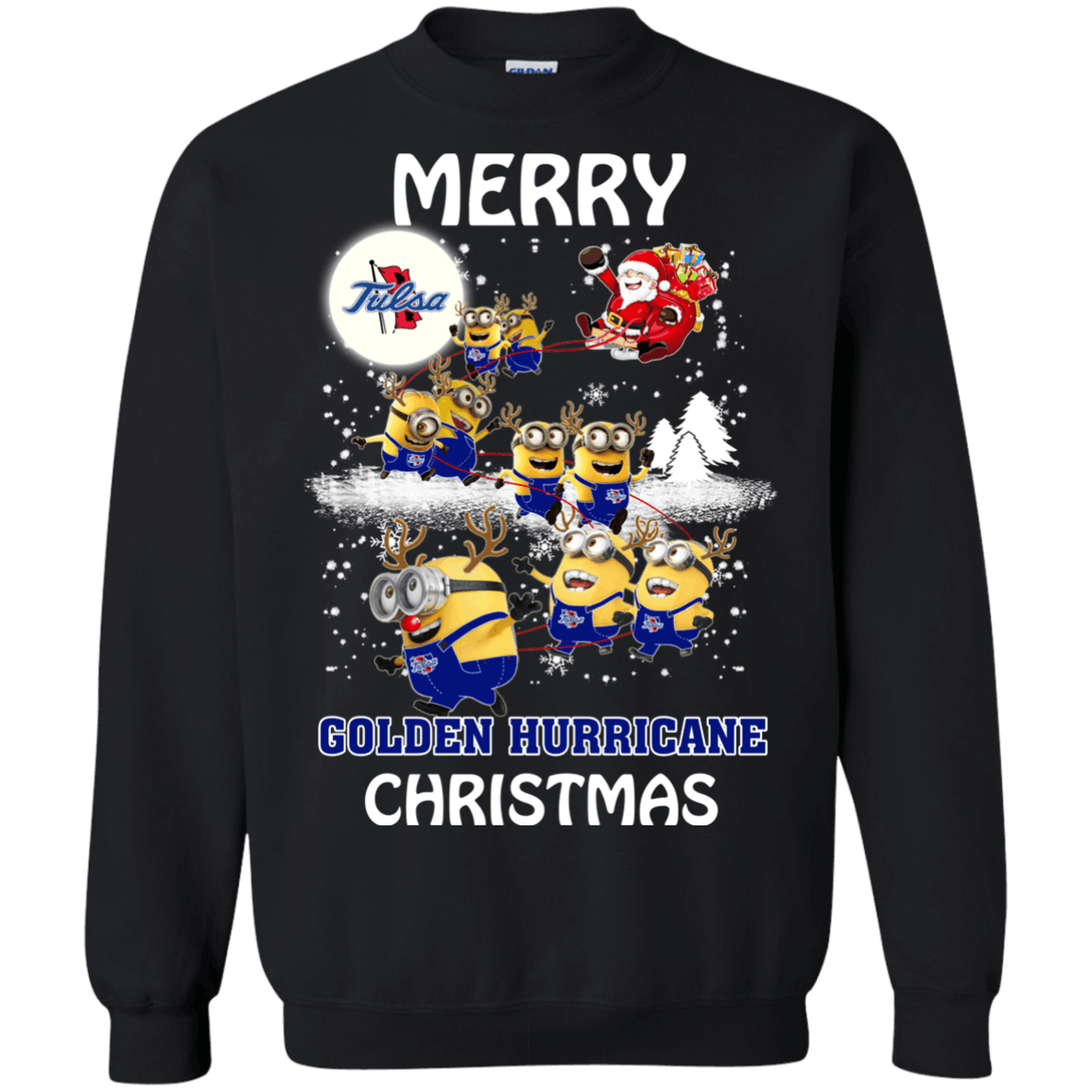 Perfect Tulsa Golden Hurricane Minion Ugly Christmas Sweaters Santa Claus With Sleigh Hoodies Sweatshirts