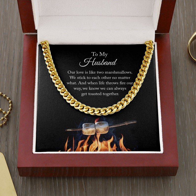 Valentines Day Gifts For Him, Cuban Link Chain Necklace For Husband Marshmallows, Stainless Steel Gold Finish Box With Message Card