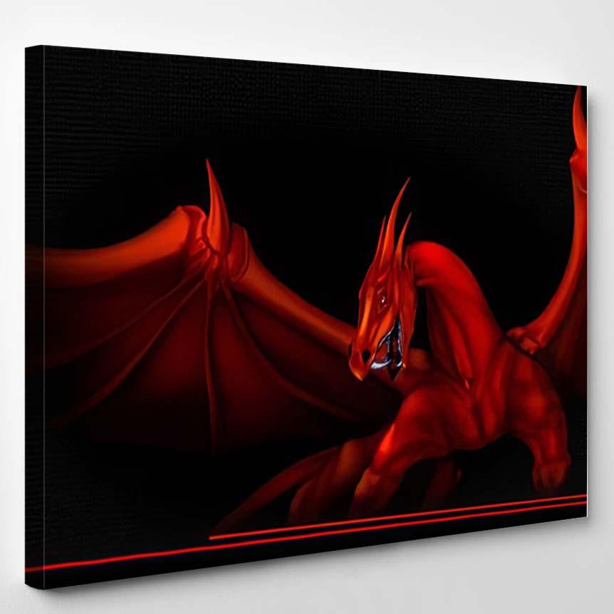 Red Dragon Raised Wings On Black – Dragon Animals Canvas Print