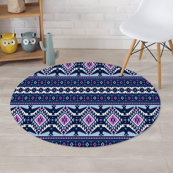 Blue Tribal Aztec Eagles Round Rug