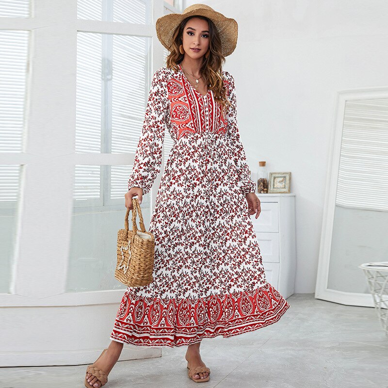 2022 Spring Dress V-neck Print Dress High Waist Long Skirt Casual Long Sleeve Dress Elegant Street Wear Dresses alx