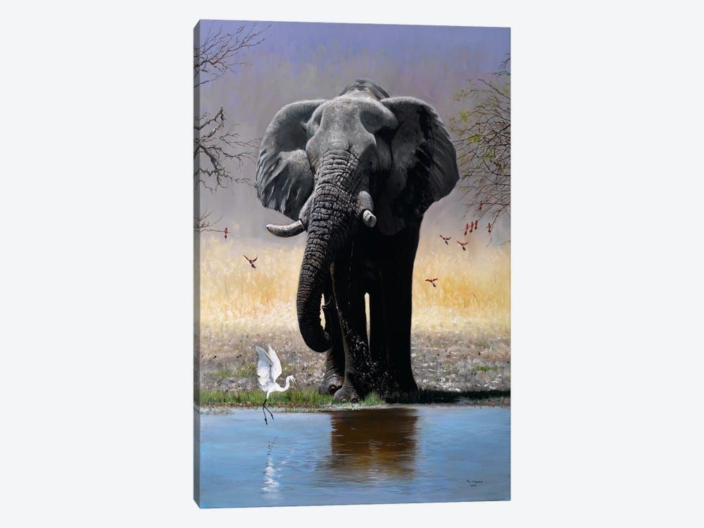 Elephant, Egret & Carmines Canvas Poster 8″x12″ 12×18″ 18″x26″ 24″x36″ 30″x45″