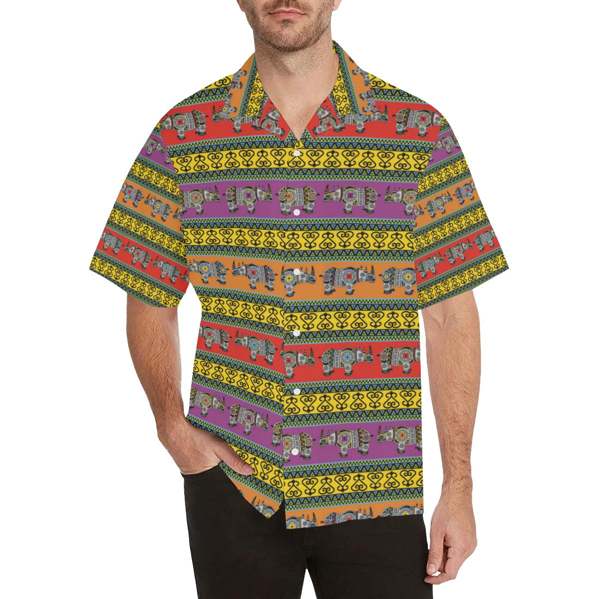 Rhino African Afro Dashiki Adinkra Kente Pattern E Men’s All Over Print Hawaiian Shirt