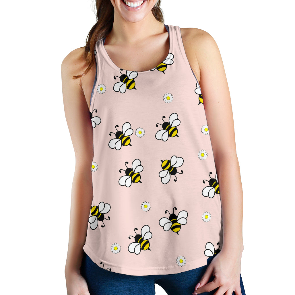 Cute Bee Flower Pattern Pink Background Women Racerback Tank Top