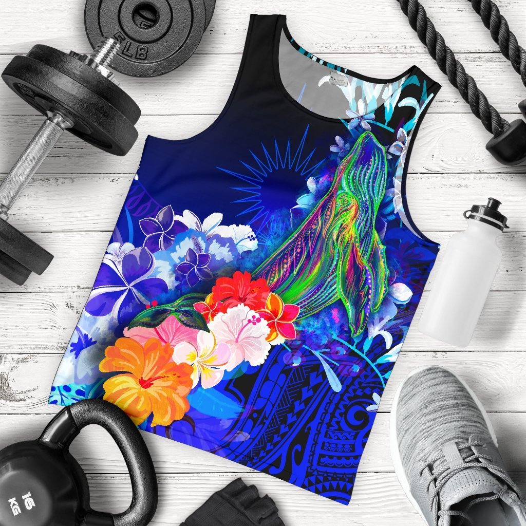 Marshall Islands Men’s Tank Top – Humpback Whale with Tropical Flowers (Blue)- BN18