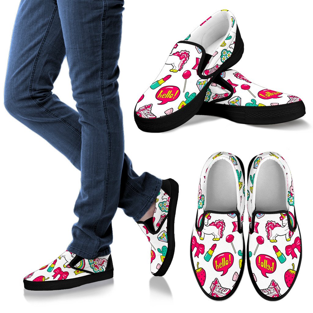 White Girly Unicorn Pattern Print Men’S Slip On Shoes