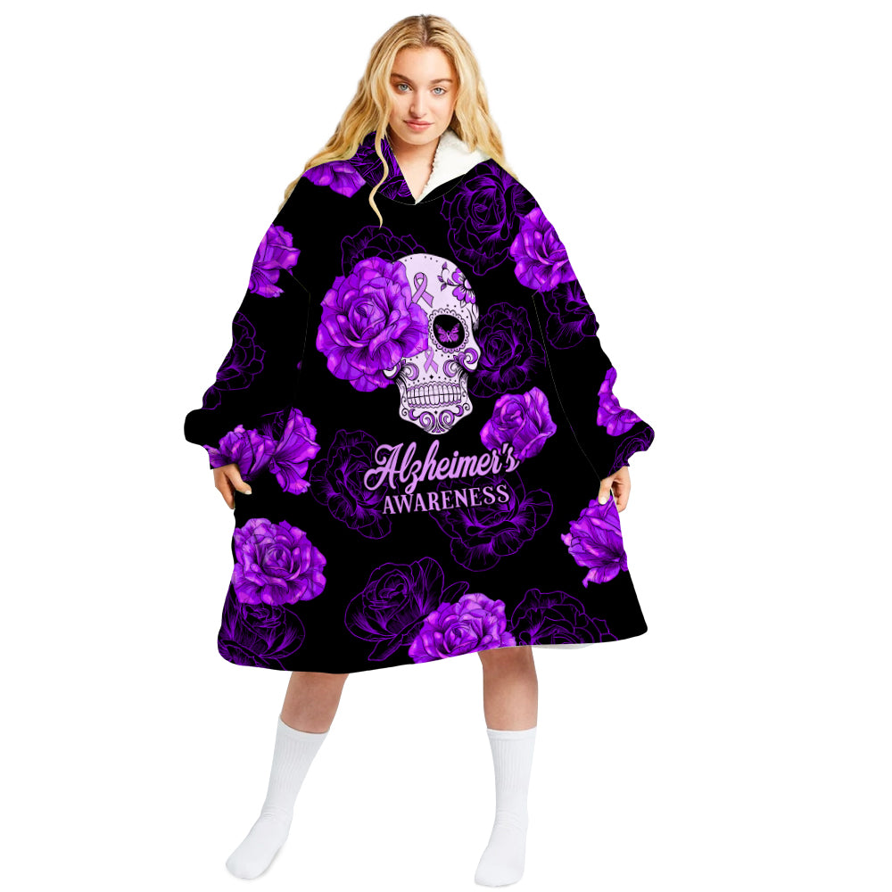 Alzheimer’S Flower Sugar Skull Oversized Hoodie Unisex Fashion Hoodie Blanket With Hood Pocket And Sleeves For Everyone